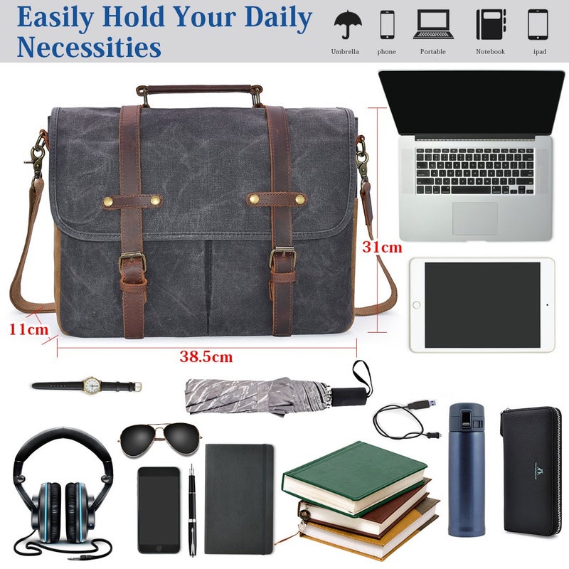NEWHEY Mens Messenger Bag 15.6 Inch Waterproof Vintage Genuine Leather Waxed Canvas Briefcase Large Satchel Shoulder Bag Rugged Leather Computer Laptop Bag, Grey - Image 4